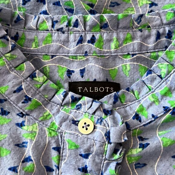 Talbots Women's Blue Cotton Ruffle Neck Popover Top Medium - Picture 3 of 7